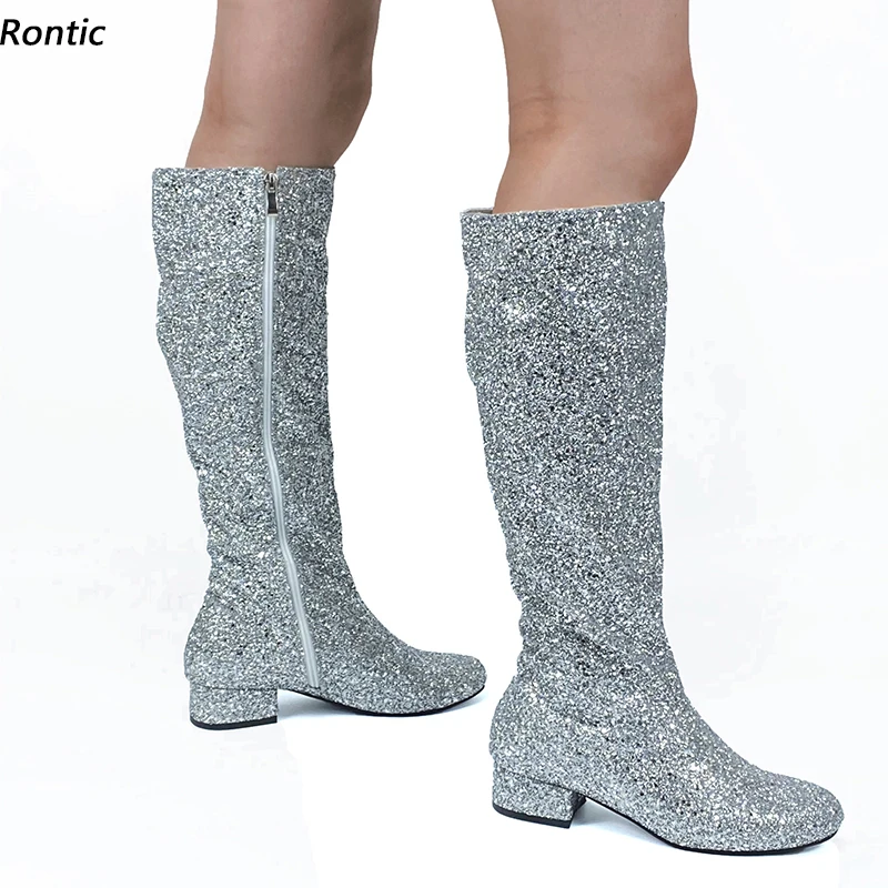 Rontic Handmade Women Winter Knee Boots Glitter Side Zipper Flat With Heels Round Toe Gorgoeus Silver Dress Shoes US Size 5-20