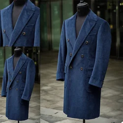 Corduroy Men Suits Navy Custom Made Men Formal Suits Fit Double Breasted Tuxedos Peaked Lapel Blazer Business Long Coat