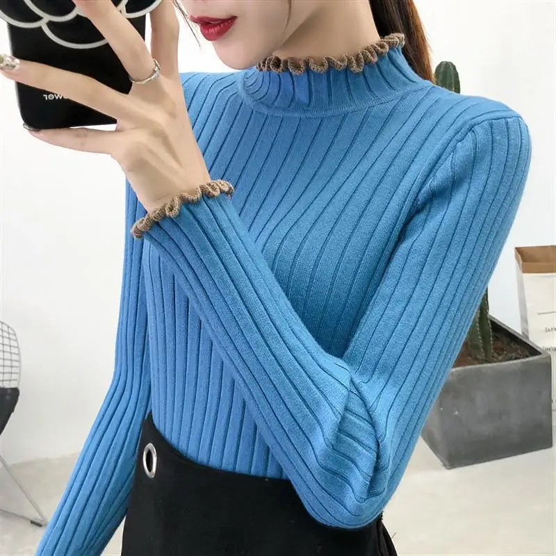 Core-Spun Yarn 2025 Autumn Winter New Female Sweater Wood Ear Half Turtleneck Sweater Women's Knitted Bottoming Shirt Top L7147