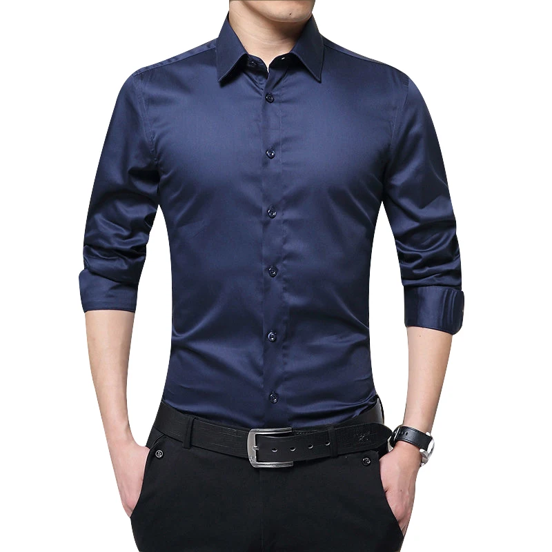 Men Long Sleeve Shirts Slim Fit Solid Business Formal Shirts for Autumn FS99