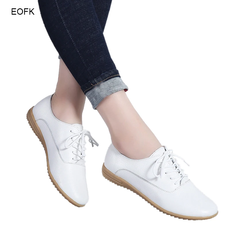 EOFK Spring Autumn Women Oxford Shoes Medical Casual Leather Ballet Flats Lace Up Soft Comfortable Ladies Derbys