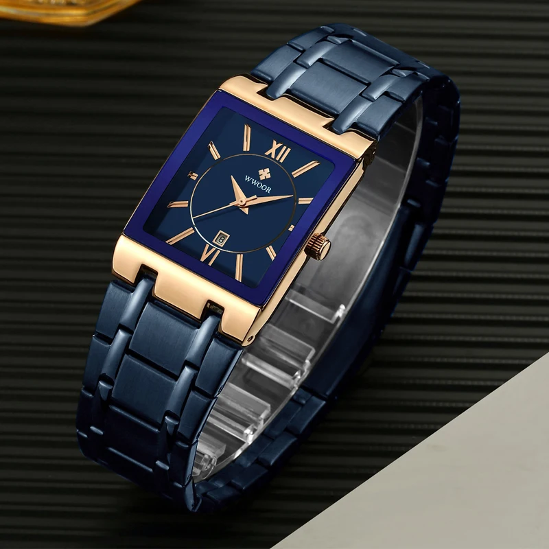 Relogio Masculino New Fashion Watches Men WWOOR Luxury Square Blue Men\'s Wristwatch Stainless Steel Waterproof Quartz Clock Male