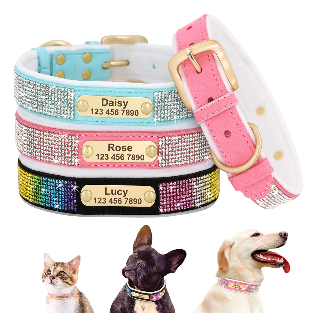 Personalized Dog Tag Collar Bling Rhinestone Nylon Pet Collar With Soft Padded Free Engraved For Small Medium Dogs Cats Pitbull