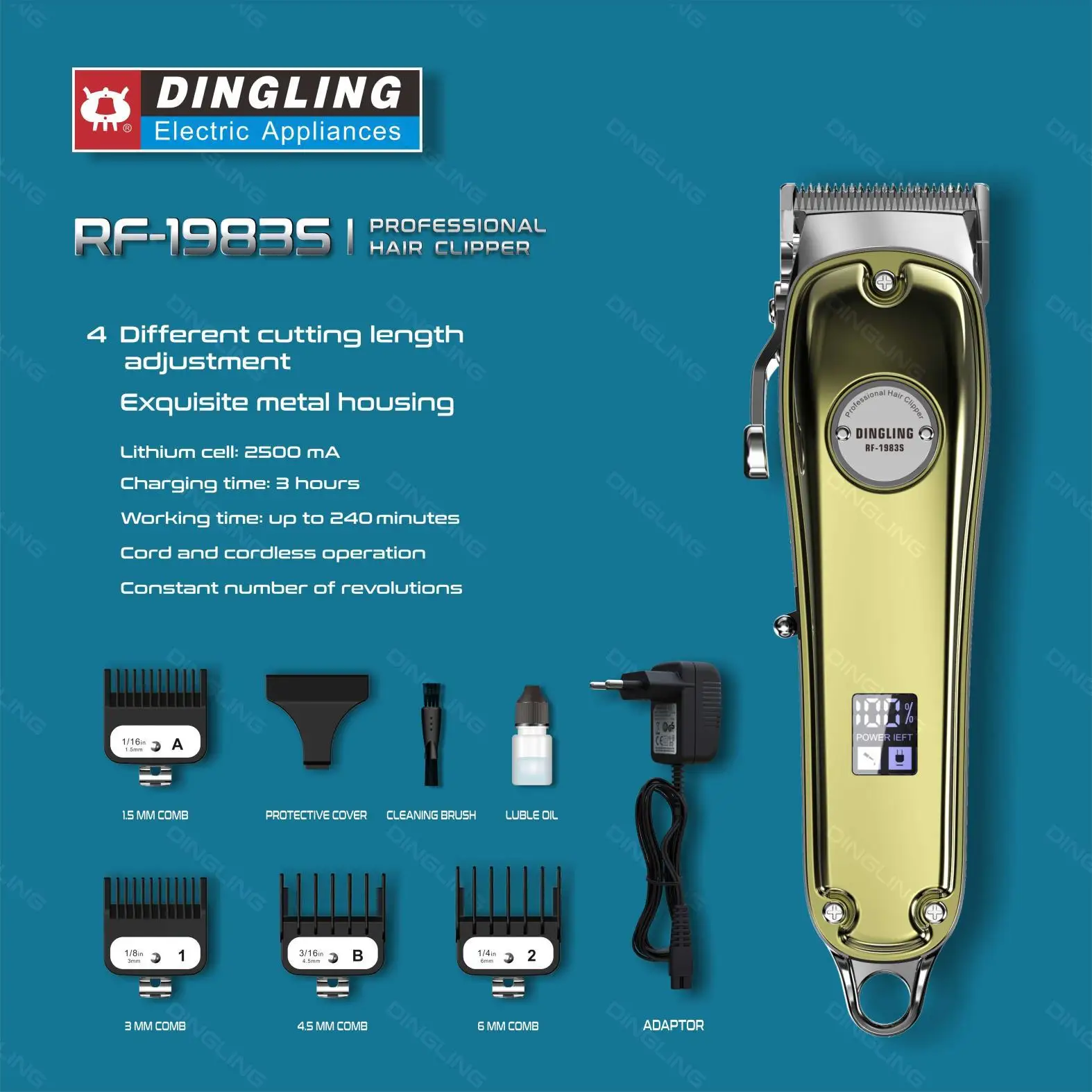 DingLing 1983S Electric Hair Clipper Hair Cut Maching Wireless Trimmer Men Professional Clipper Machine Rechargeable Hair Cut Ba