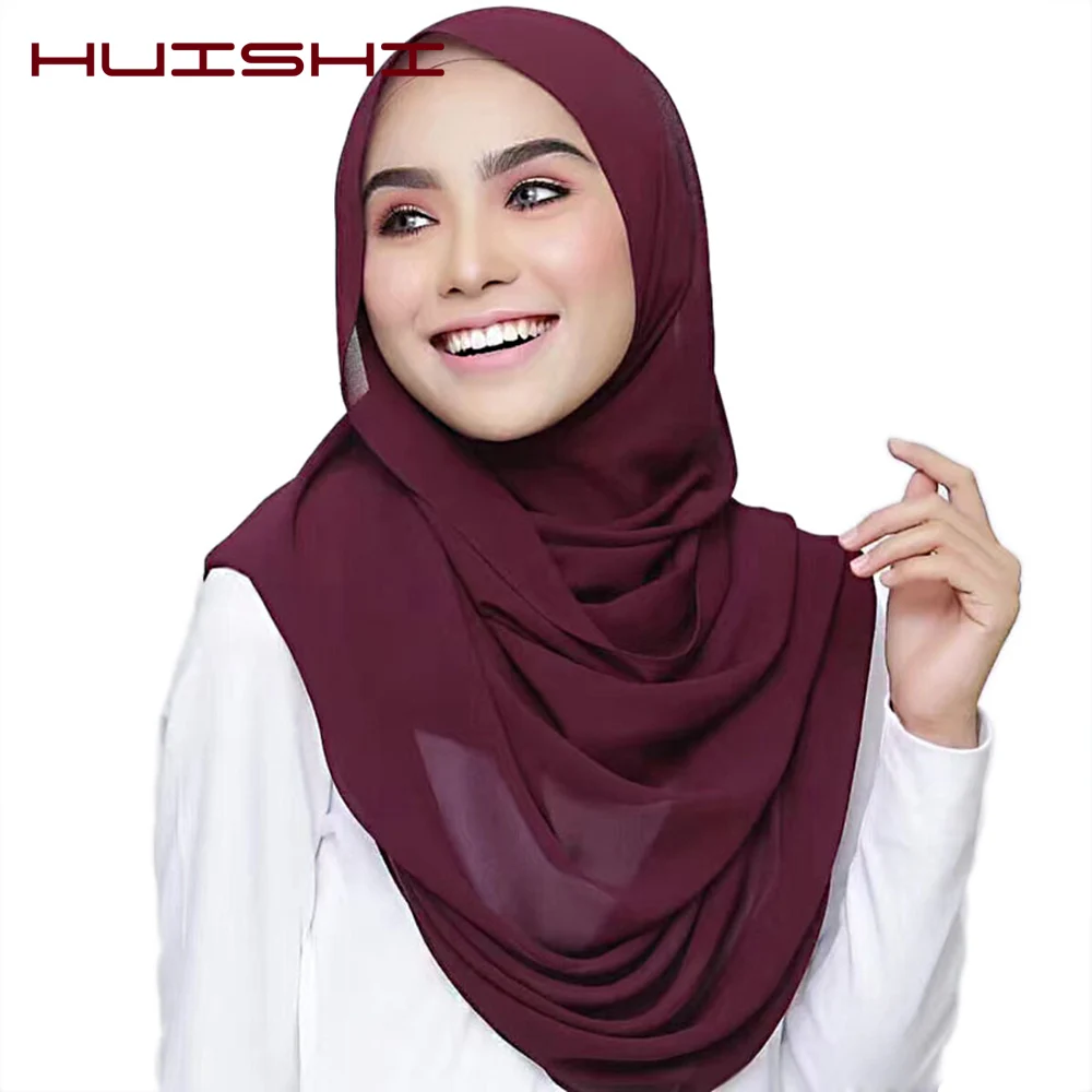 HUISHI Chiffon Scarf Women Bubble Chiffon Solid Muslim Head Scarf Lady Shawl and Wrap Female Foulard Hijab Stoles Elegant Modest