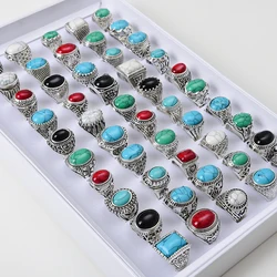 Wholesale 50pcs/Lots Vintage Antique Silver Color Turquoises Stone Jewelry Ring For Mens Women Mix Style