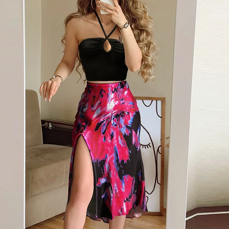 Fashion Print Skirt Women Summer High Waist Chiffon Split Beach Casual Midi Y2K Boho Elegant Vacation A Line Skirts Jupe Faldas