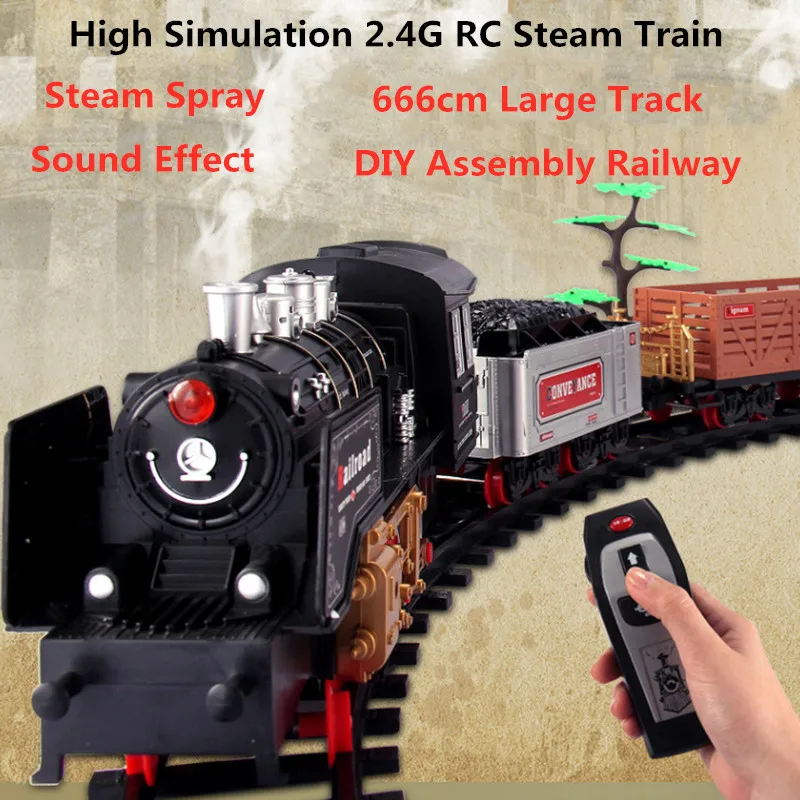 High Simulation Smoking Steam Spray 2.4G RC Steam Train Model With Sound Light Driving 666CM Track DIY Assembly Chimney Railway