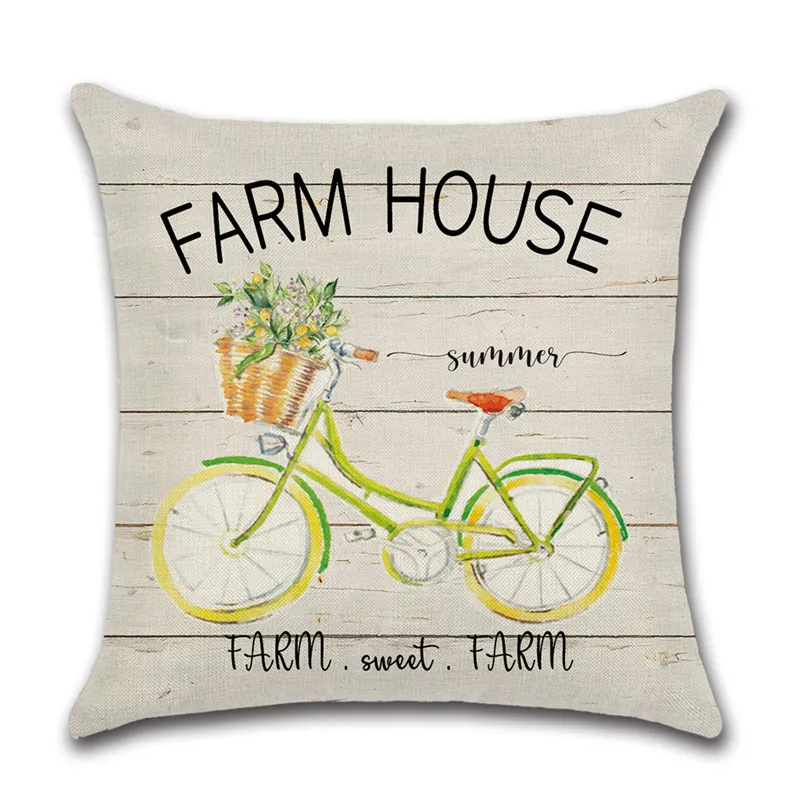 Summer Farm Theme Cushion Cover Floral  Bicycle Truck Printed Cotton Linen Throw Pillowcase Home Chair Sofa Car Decorative