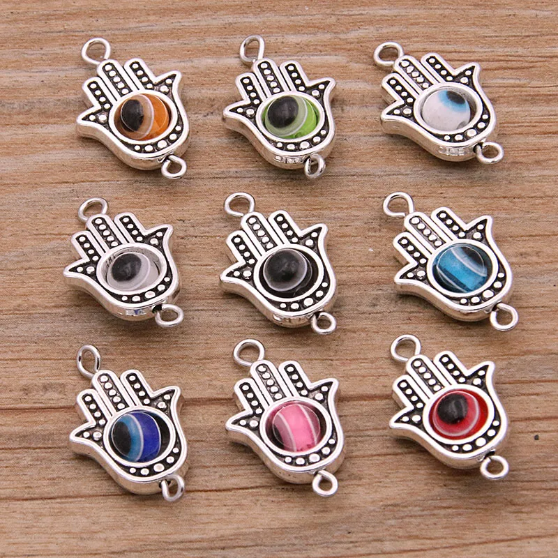 10PCS 13*22mm Fatima Hamsa Hand 10 Color Evil Eye Spacer Bead Connector For DIY Bracelets Necklace Jewelry Handmade Making