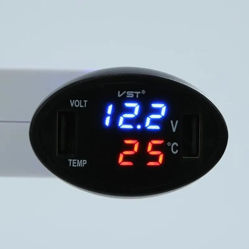 3in1 12V/24V Car Digital Voltmeter Auto Dual USB Car Charger Temperature Volt Meter Gauge