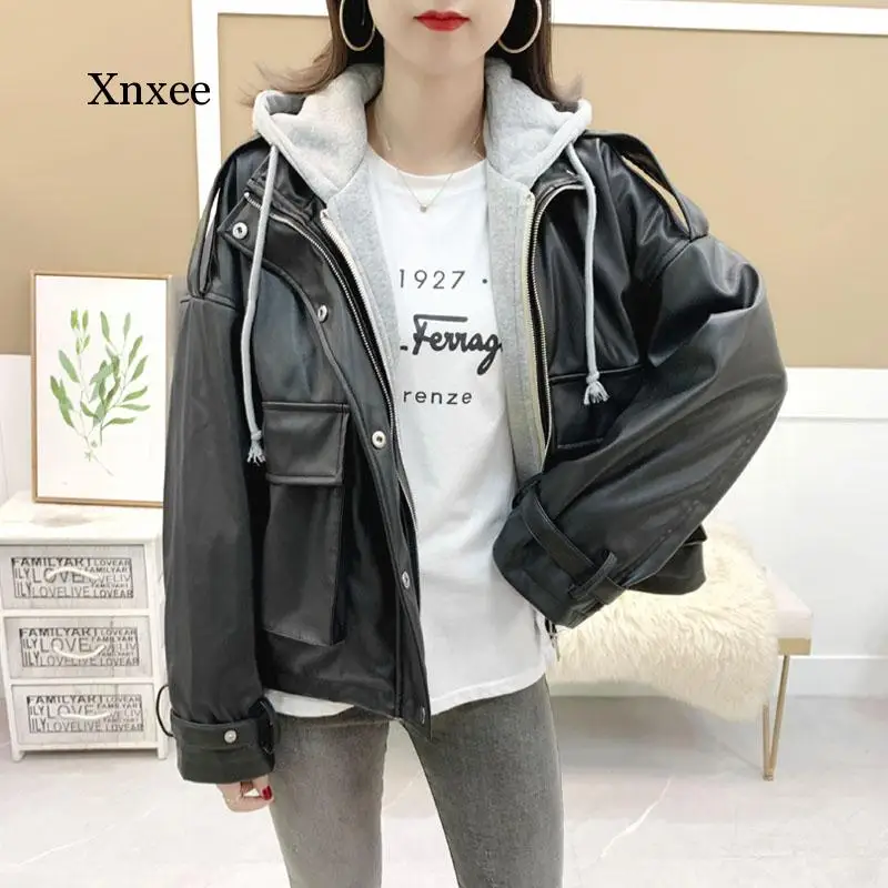 Ailegogo New Autumn Women Hooded Loose Black Pu Faux Leather Jacket Streetwear Moto Biker Zipper Pocket Windproof Coat Outwear