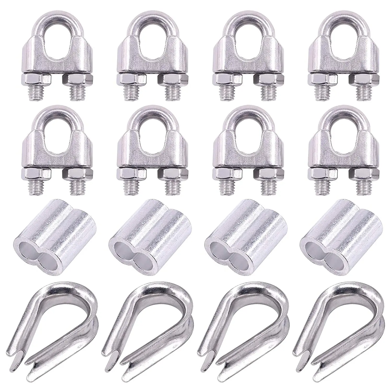 16Pcs 304 Stainless Steel Wire Rope Cable Clip Clamps Thimble and Aluminum Crimping Loop Sleeve Assortment Kit  M10