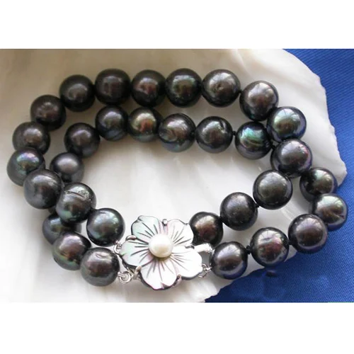 

12mm Big Pearl Bracelet 2Row Black Round Freshwater Cultured Pearl Bangle Shell Flower Clasp Fine Jewelry Charming Woman Gift