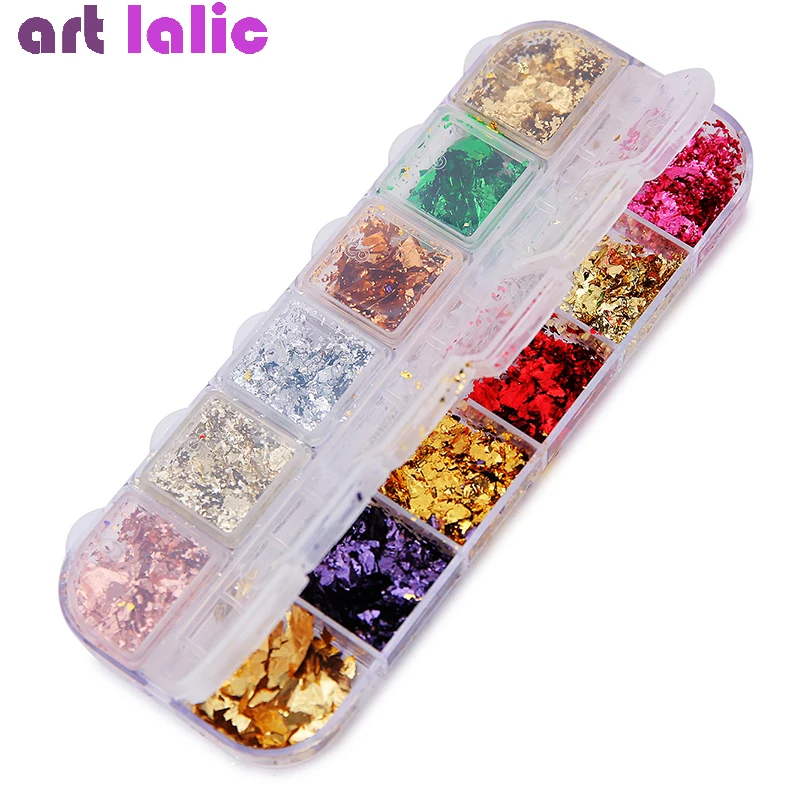 12 Grids Foil Nail Art Holographic Aluminum Nail Foil Flakes Stickers Nail Sequins 3D Glitter Decoration DIY Design Accessories