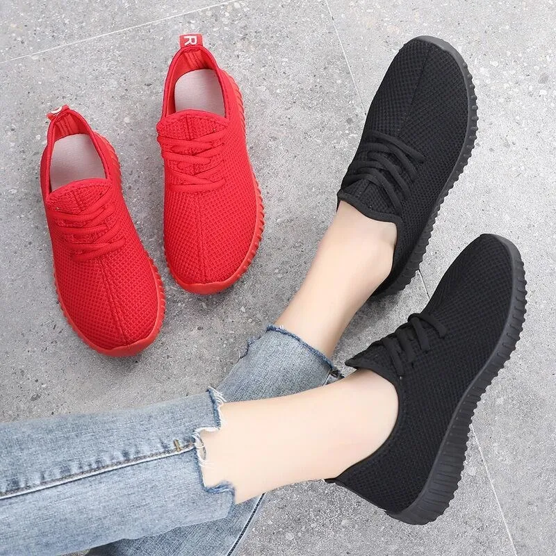 Women Running Shoes 2023 Sneakers Solid Black Red Shoes Gym Fitness Trainers Walking Sport Shoes Female Zapatos Mujer Size 35-41