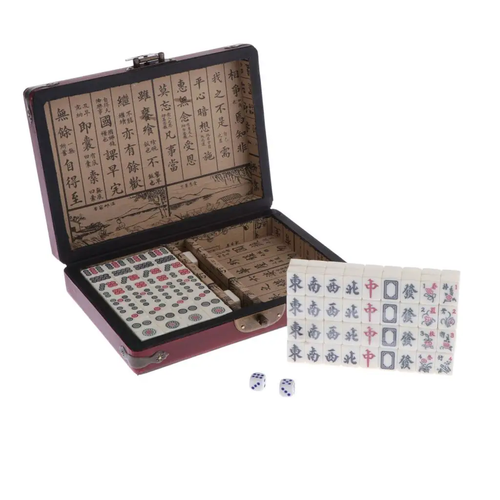 Mini Mahjong Traditional Chinese Version Game Set with Portable Wodoen Box Mah-Jongg Travel Family Leisure Time