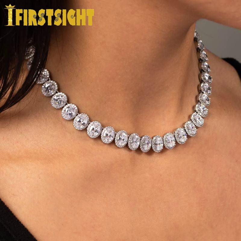 Sparking Oval 5A CZ Charm Choker Silver Color Iced Out Bling Zircon 10mm Tennis Chain Necklaces Hip Hop Women Men Jewelry New