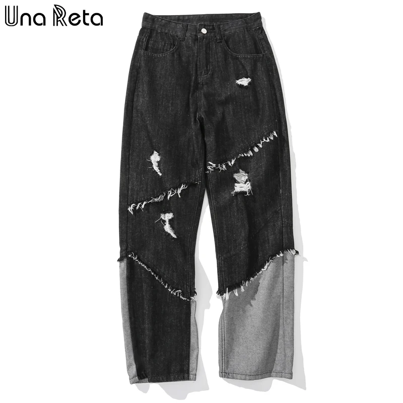 

Una Reta Patchwork Men Jeans New Hip Hop Black Straight Hole Men's Pant Jean Denim Joggers Streetwear Loose Jeans For Men