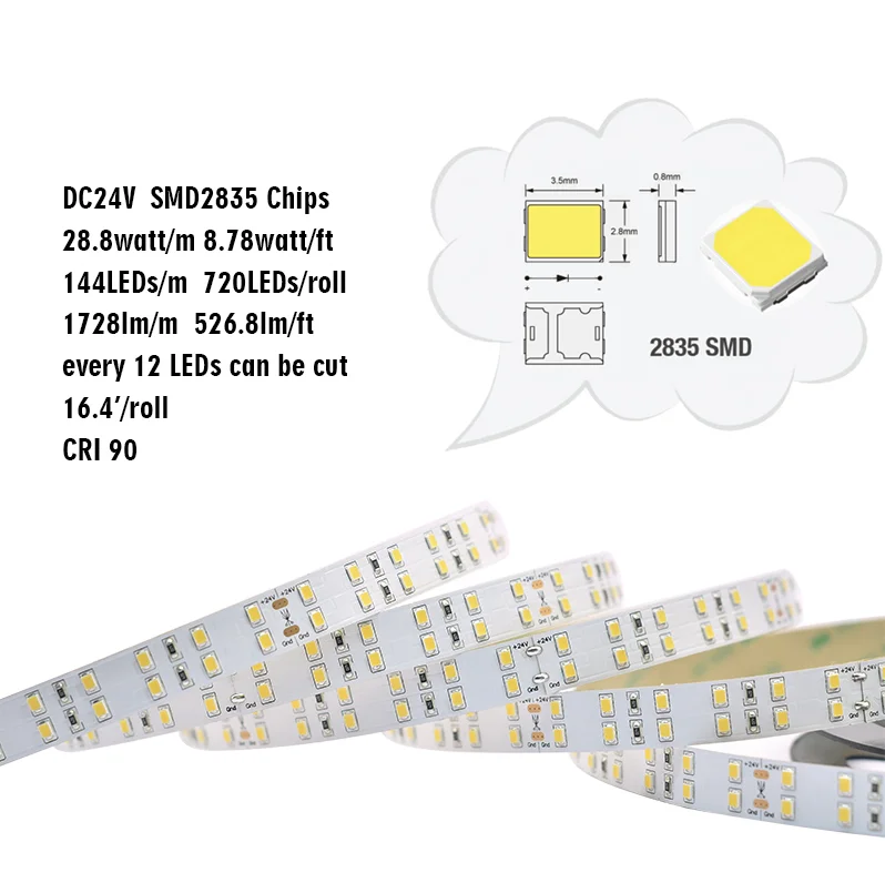 

LED double row 2835 Strips light, 5m a roll/ a lot, 144pcs 2835 smd led per meter, DC 24V