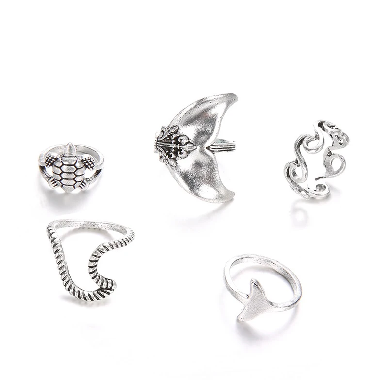 Women Fashion Boho Rings Set Geometric Turtle Whale Tail Waves Ring Charm Waves Rings Lady Jewelry Lover Gift