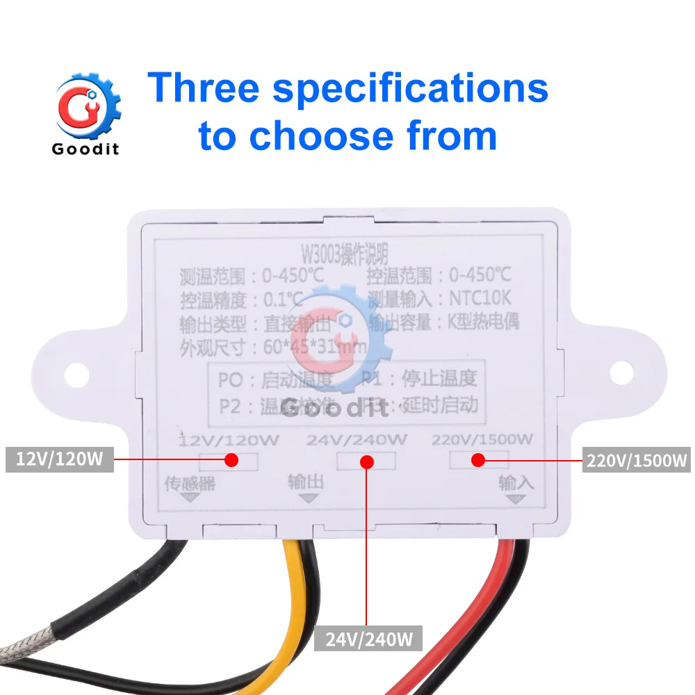 W3003 microcomputer digital intelligent thermostat red display 12/24V/220V K-type thermocouple sensor 0-450 ℃