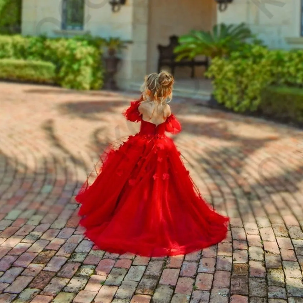 Exquisite Red Princess Flower Girl Dresses Appliques Ball Gown Birthday Pageant Baby Robe De Demoiselle First Communion