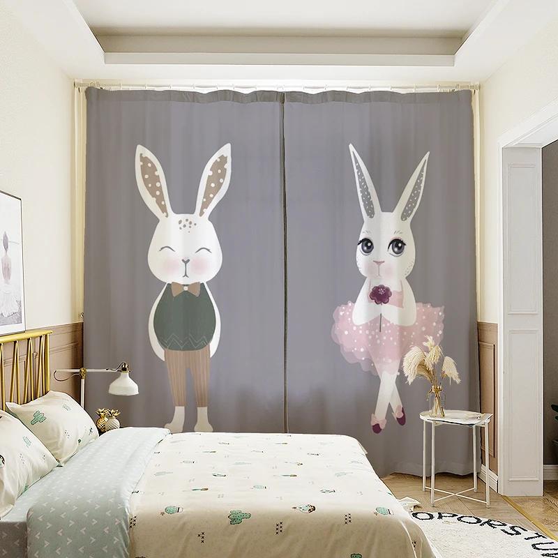 

3D Printed Mr. Rabbit Semi-Blackout Curtain for Kids Girls' Bedroom Fahion Cartoon Animals Forest Curtain Drapes for Music Room