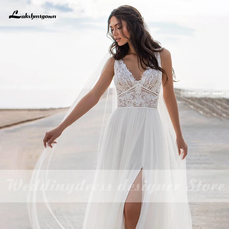 Lakshmigown-vestido de novia de corte en A con abertura alta, traje de novia con cuello en V, Espalda descubierta, apliques de encaje, estilo