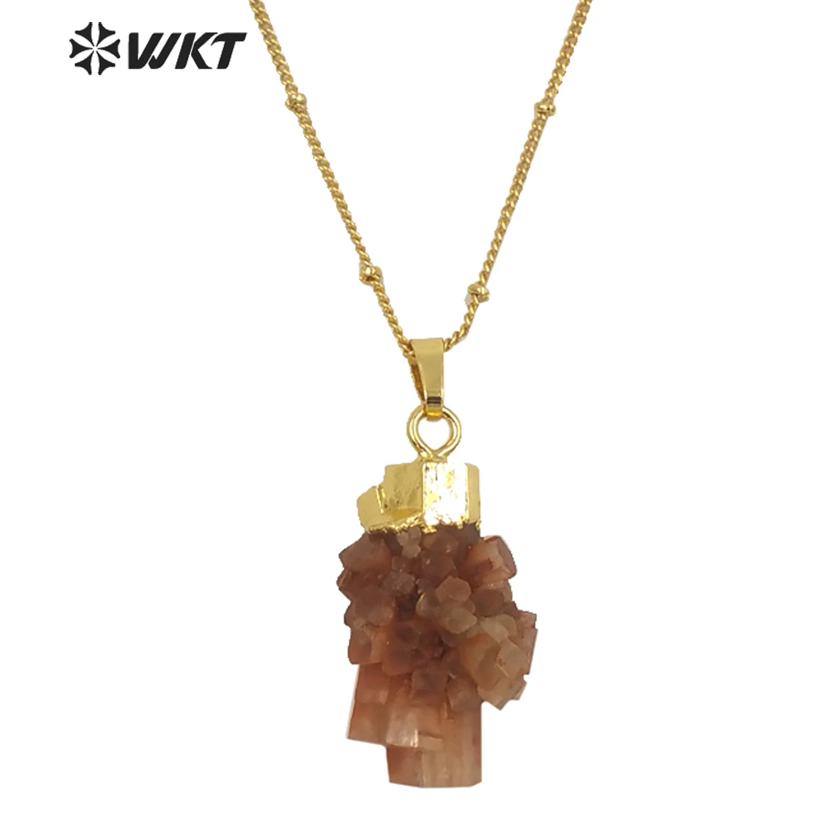 

WT-N911 wholesale custom natural Brown Aragonite Stone With 24K Gold trim Necklace. Lovely Natural stone pendant nacklace