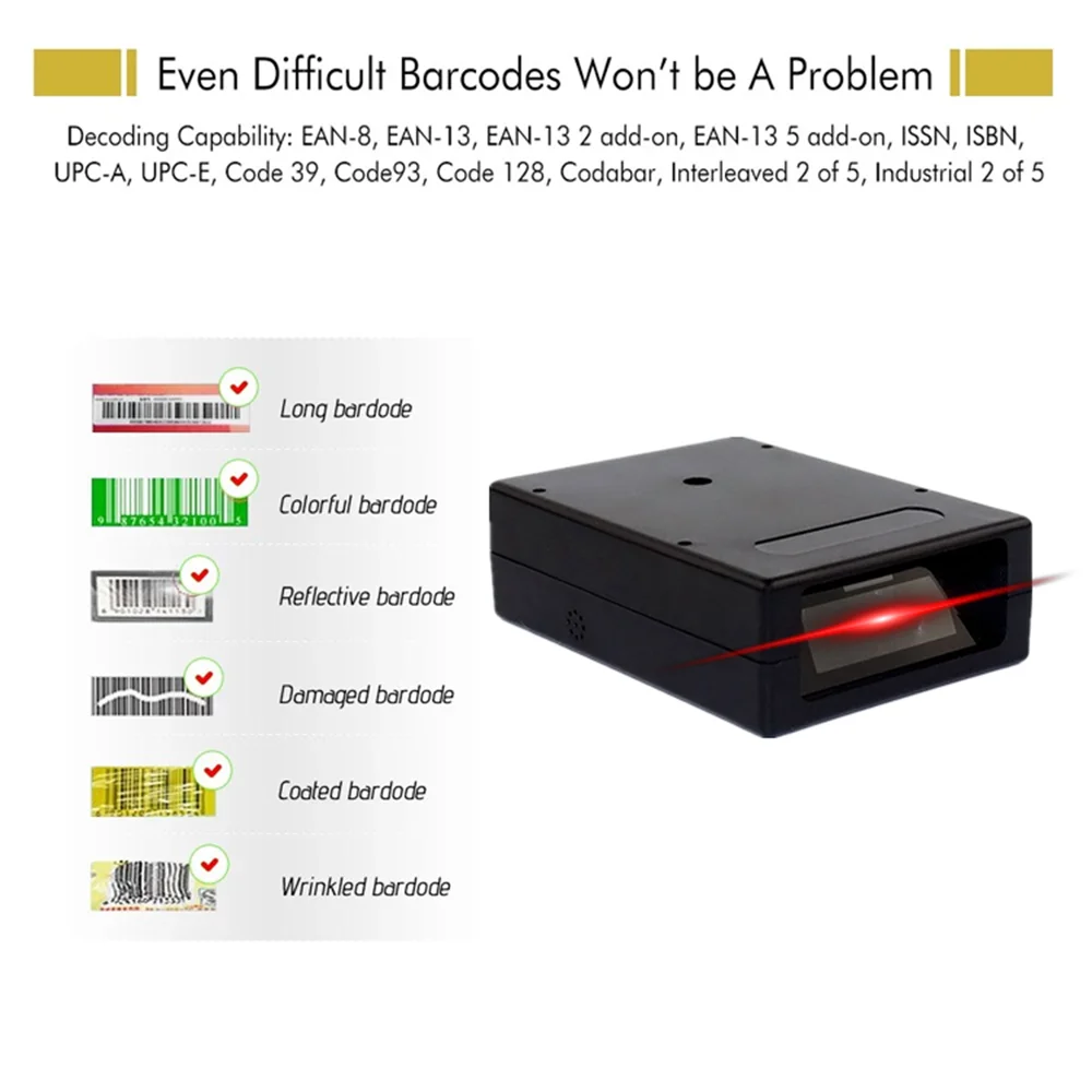 Module de Scanner de codes-barres fixe, moteur 1D Laser 2D QR Module de lecteur de codes-barres pour kiosque équipement distributeur RS232 Interface USB