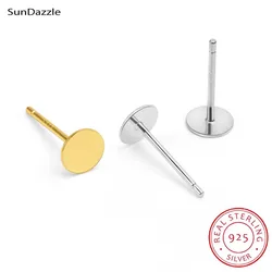 4pcs Real Pure Solid 925 Sterling Silver Earring Studs Needle Post Flat Round Pad Pins Gold 3~8mm Settings DIY Jewelry Making