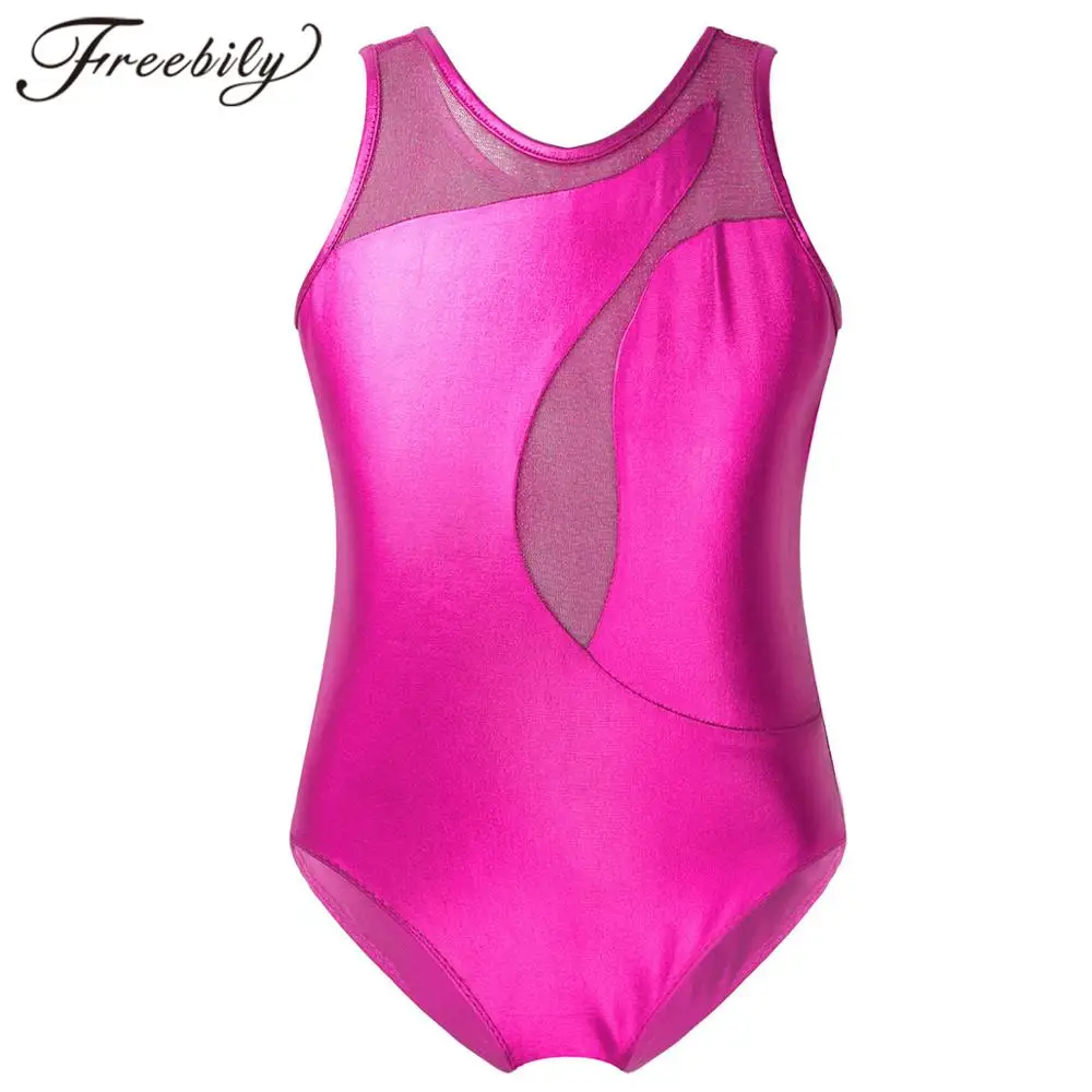 

Girls' Ballet Gymnastics Leotard, Sleeveless, Asymmetrical, Swirl, Tulle, Splice, Gymnastic Jumpsuit, Kids Dancewear