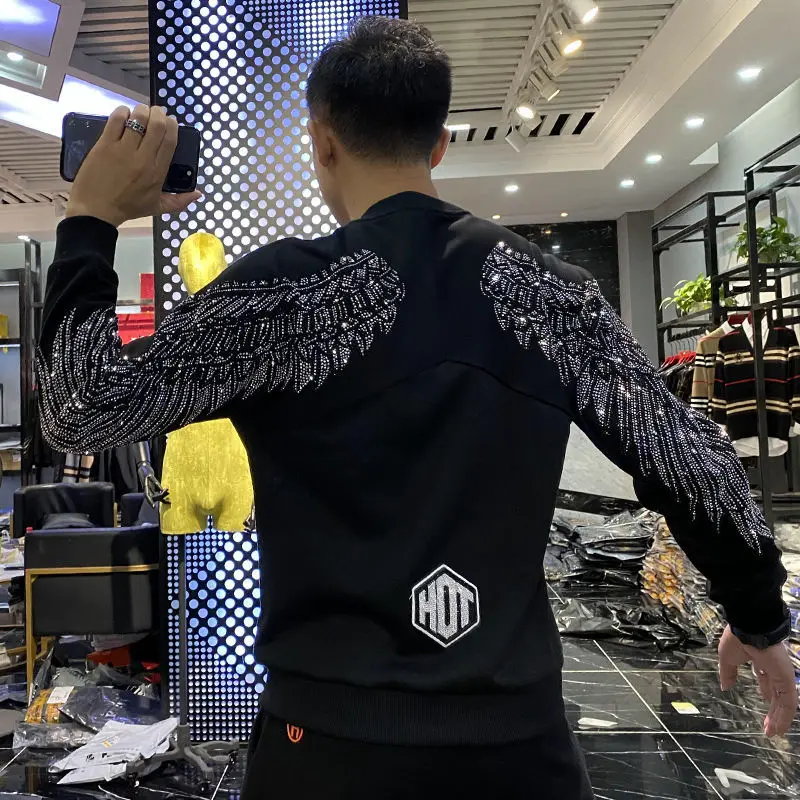 Rhinestone Wings Sweater Men's Spring Crewneck Sweatshirt Male Black Top Fashionable Korean Style Long Sleeved T-shirt Men White