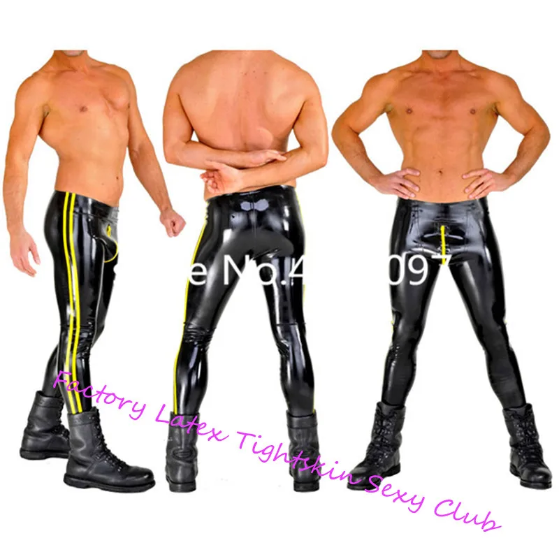 

Nature Latex Tight Trousers High Quatilty Latex Rubber Front zipper Leggings Long Panties Black Pants with Yellow Trim For Men