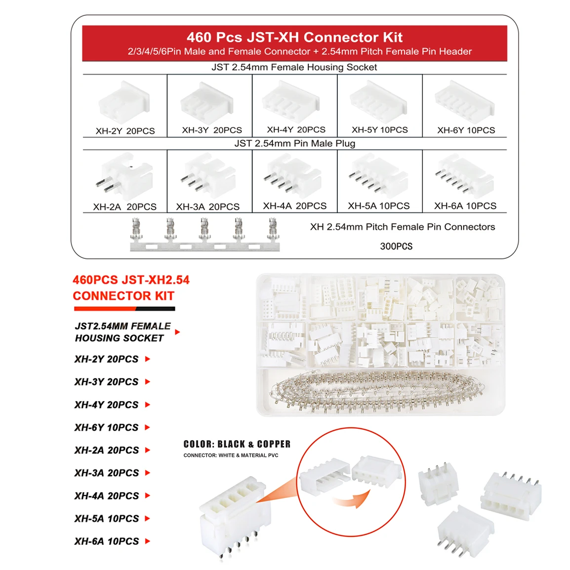 JST XH2.54 PH2.0 Male Female Connector Kit 2/3/4/5/6 Pin Plug with Terminal Wires Cables Socket Header Wire Connectors Kit