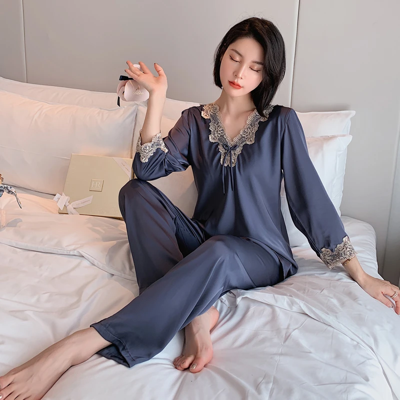 Daeyard Women Elegant Pajamas Set Silk Long Sleeve Pijamas Casual Sleepwear Sexy Lace Trimmed Pyjamas Mujer PJ Set Homewear 2020