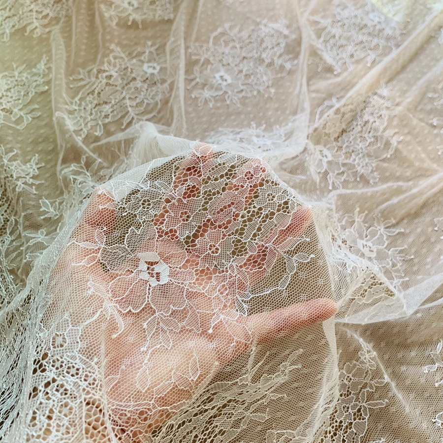 110x300CM Per Piece Subtle Eyelash Lace Fabric Ivory Shade Dots Design Chantilly Lace 3 Meters Long