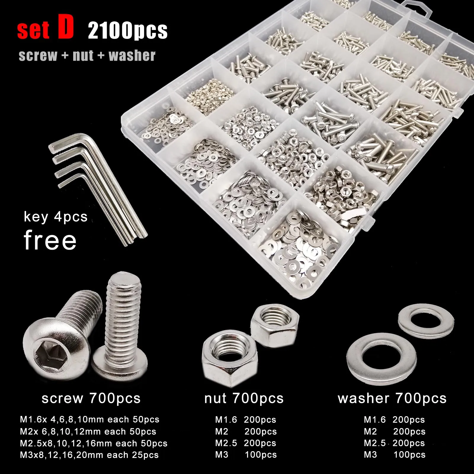 Assortment Kit M1.6 M2 M2.5 M3 M4 M5 304 A2 Stainless Steel Allen Hexagon Hex Socket Button Round Head Screw Bolt Nut Washer Set