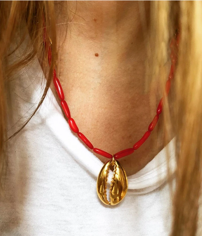 Baroque Natural Freshwater Pearl Pendant Woman Necklace Lucky Necklace Red Coral Short Necklace Bohemian Handmade Jewelry