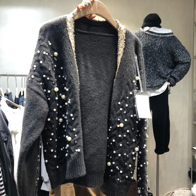 YUZACDWX High Quality Vintage Beading Knitted Cardigan Women 2021 Autumn Sweater Coat Casual Long Sleeve Cardigan