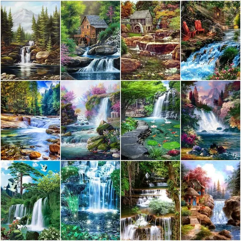 CHENISTORY Diy Pictures By Number Kits Waterfall For Adult Landscape Handpainted Paintings Art Drawing On Canvas Gift Home Decor