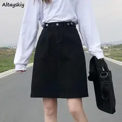 Skirts Women Solid Color A-line Vintage Female Denim Button Summer Slim High Waist All-match Streetwear Casual Trendy