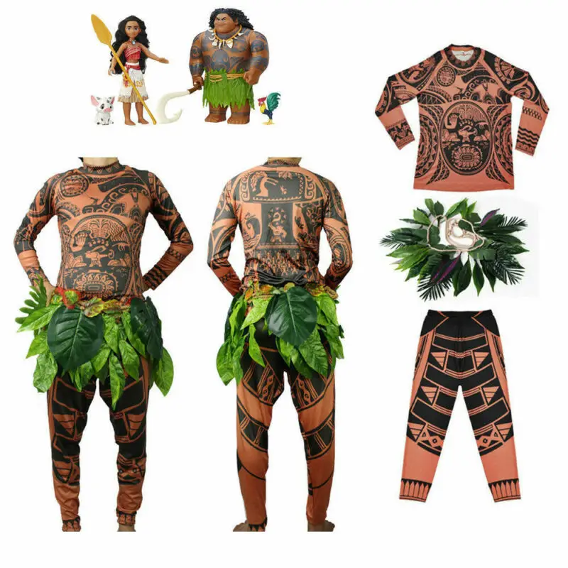 Camiseta y pantalones de tatuaje de Moana Maui para adultos, Disfraces de Halloween para hombres y mujeres, decoración de hojas, Cosplay de Halloween