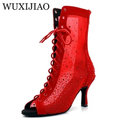 WUXIJIAO buty jazzowe buty do tańca latynoskiego kobiety Latin salsa girls obuwie czerwony stras shoes