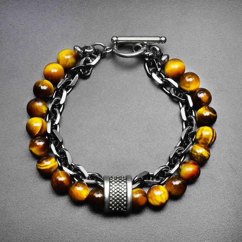 2 Layers Gun Black Stainless Steel Chain Bracelet Men's Tiger Eye Natural Stone Beads Bracelet for Men Beads Strand Braclet Gift image 4