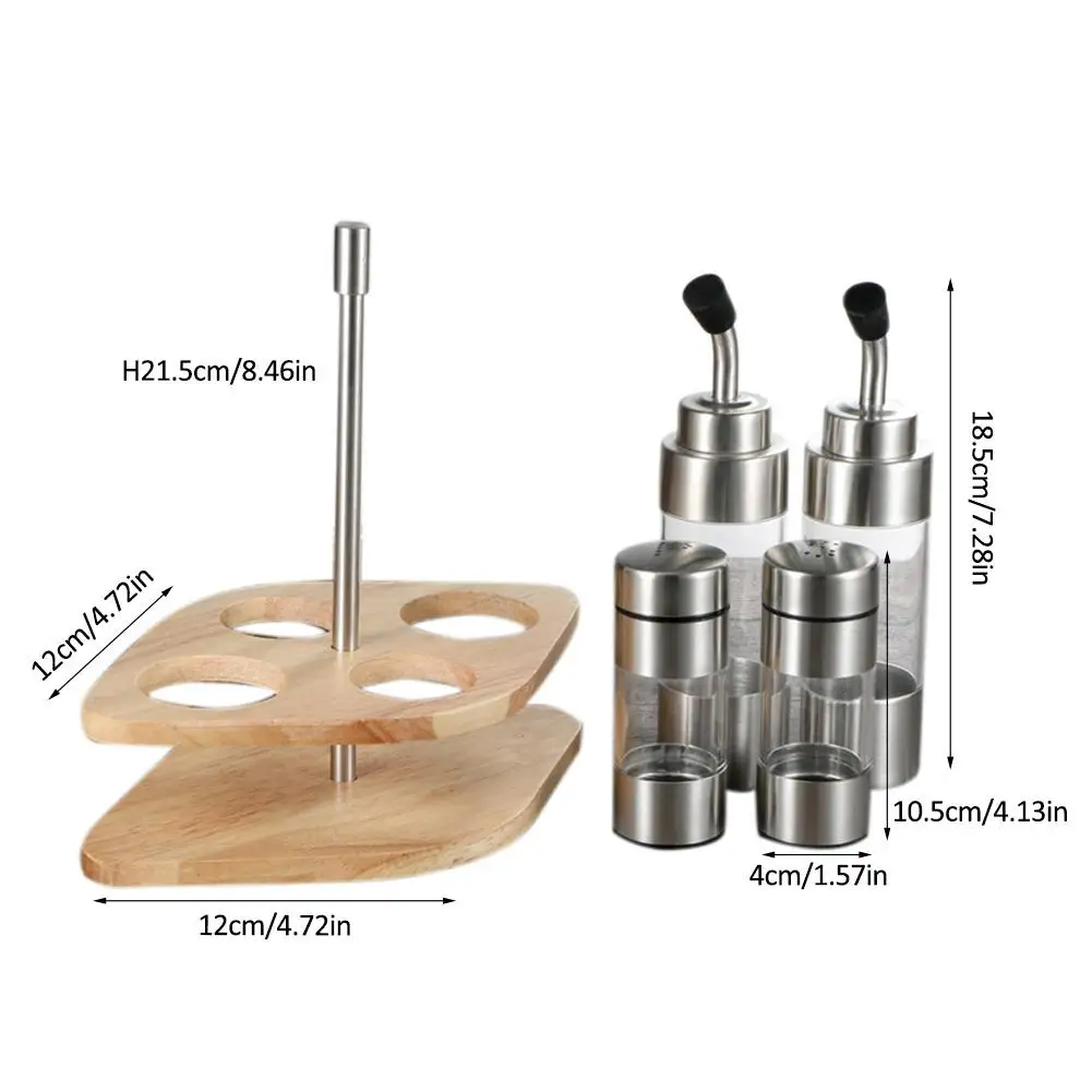 Seasoning Bottle Set with Wooden Rack Translucent Pepper Bottle Holder Kitchen Tools for Oil Salt Vinegar Soy Sauce Storage #CW