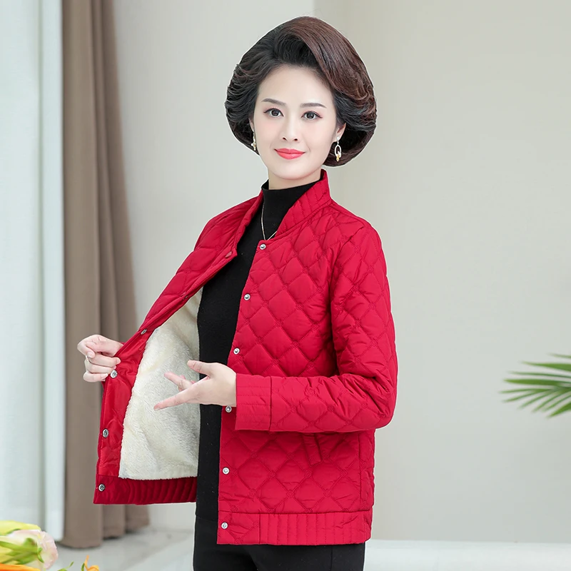 

Autumn Winter Jacket Women Single-breasted Plus Velvet Cotton Padded Coat Thin Short Jacket Middle-aged Female Tops
