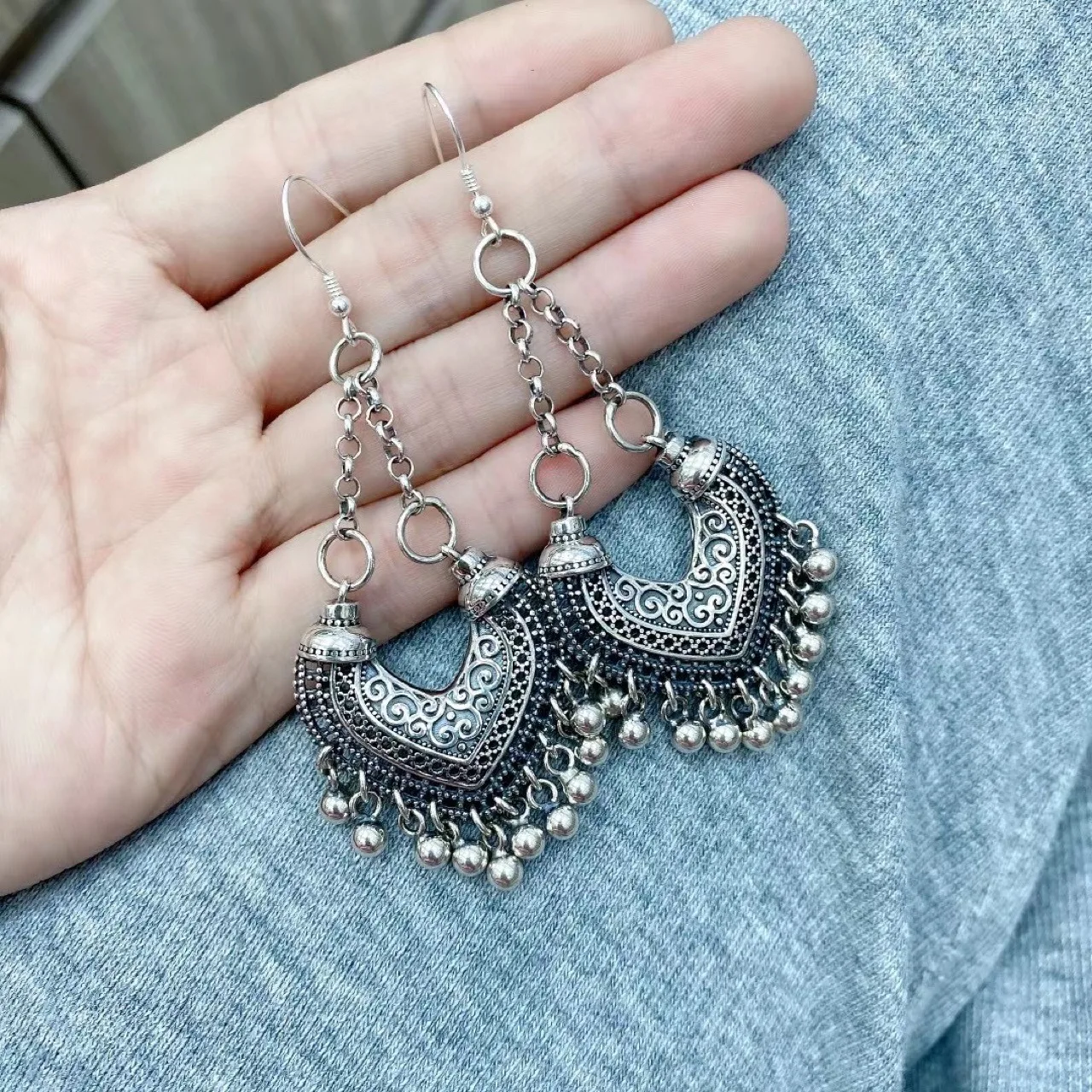 

BOCAI New 100% Pure S925 Silver Jewelry Retro Ethnic Style Personality Long Women's Love Tassel Earrings