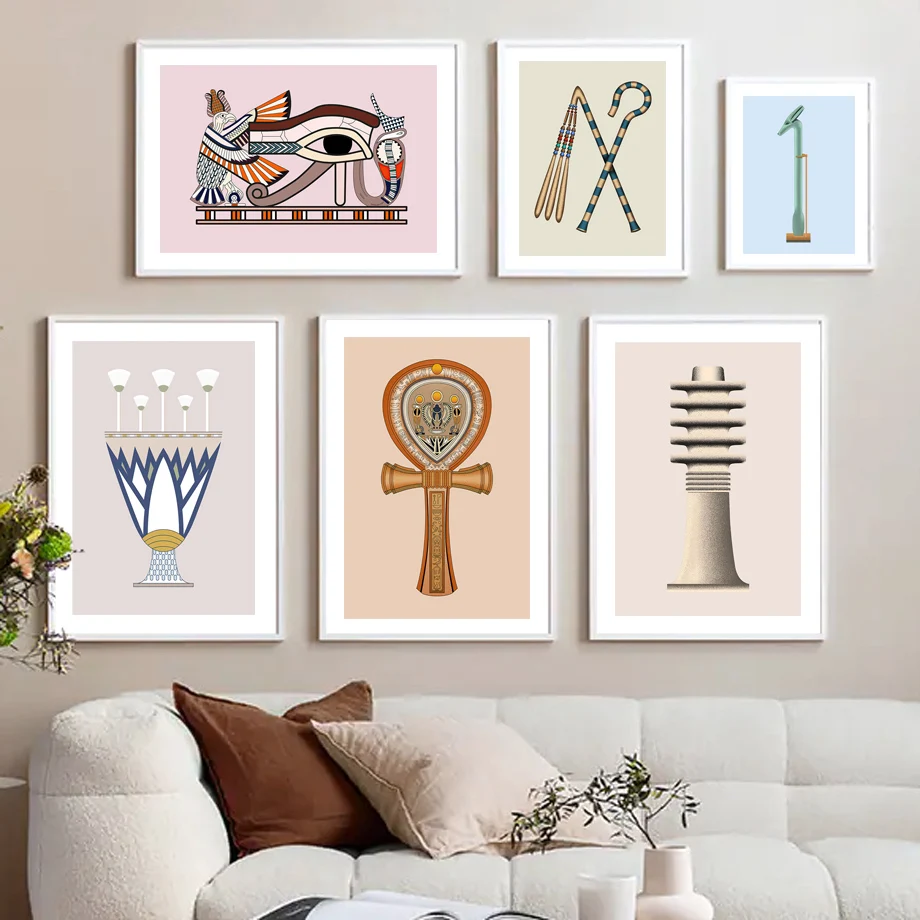 Lienzo impreso artístico de pared del Antiguo Egipto colorido, póster de Ojo de Horus de cetro de loto Ankh para decoración para sala de estar